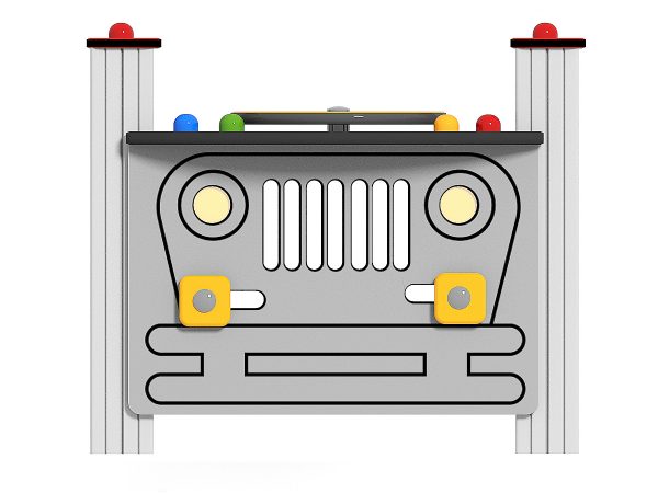 Fritstående aktivitetsplade i vedligeholdelsesfrie materialer. Jeep front med bilrat.